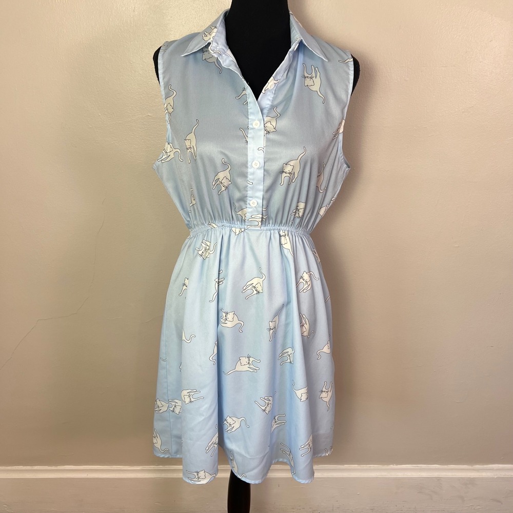La Vie Lente Cat Print Shirt Dress L Light Blue Elastic Waist Kawaii Whimsigoth